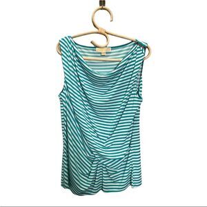 Michael Kors Teal White Stripe Drapery Knotted Waist Size Large Blouse